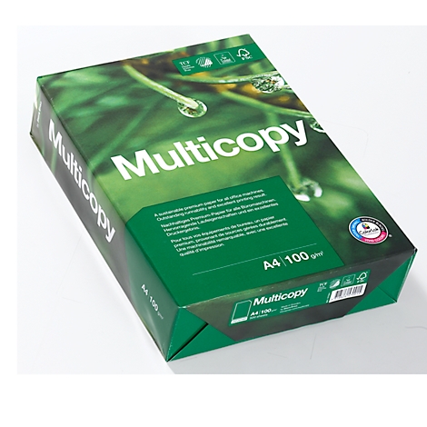 A package of Multicopy brand paper, with a green background and lettering.