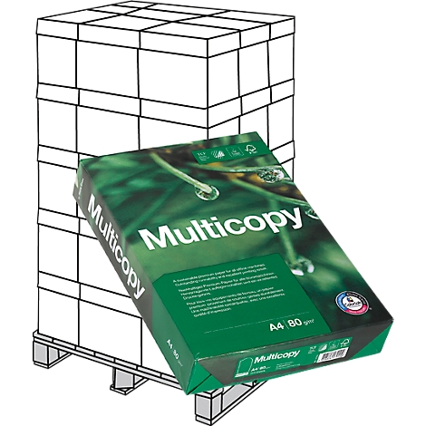 A green paper package with "Multicopy" on a pallet, behind it are more stacks of paper.
