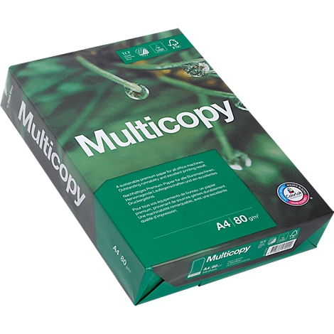 A box of Multicopy paper, green packaging with lettering and imprints.