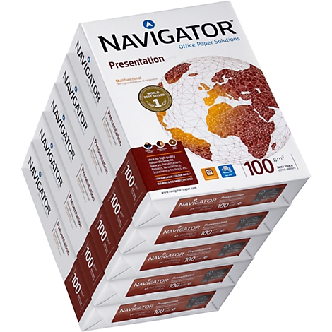 Several packages of Navigator paper. Print: Navigator, Presentation, Office Paper Solutions, 100 sheets.