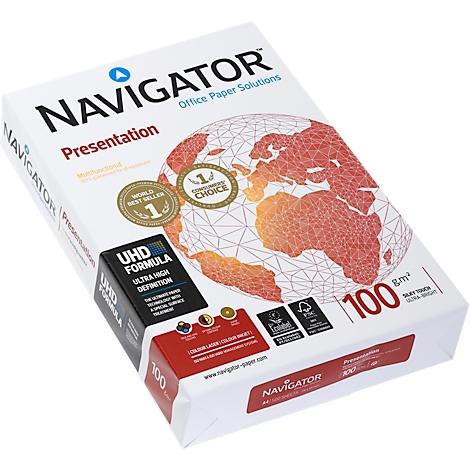 A white package of Navigator paper, with black, blue, and red print, including logo, product name, and awards.