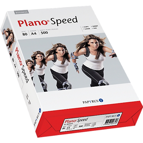 Plano Speed paper pack, logo, woman on roller skates in the background.