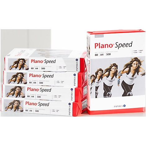 Several stacks of white paper with the inscription 'Plano Speed' and a red accent.