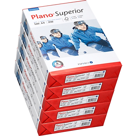 Several packages of Plano Superior paper, stacked. The top shows a person skiing.