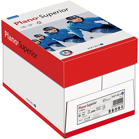 Box of paper sheets. 'Plano Superior' is written on the red top. Skiers and product information are printed.