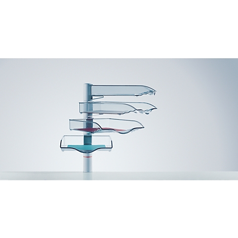 Transparent, stacked trays with liquid and drops flowing into each other. A futuristic product in a scientific representation.