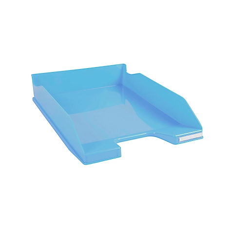 Bac de rangement rectangulaire en plastique bleu clair, légèrement incliné. Un autocollant blanc en bas.