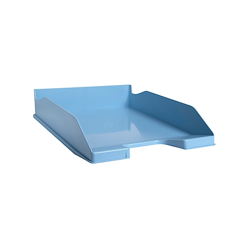 Plateau de bureau en plastique bleu clair. Avant incliné, dos haut.