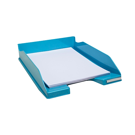 Bac à papier bleu clair avec du papier blanc. Le bac a une forme inclinée et est illustré sur fond blanc.