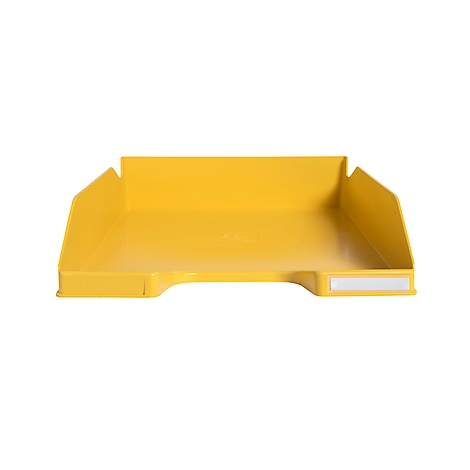 Bac à papier jaune à bord haut, rectangulaire.