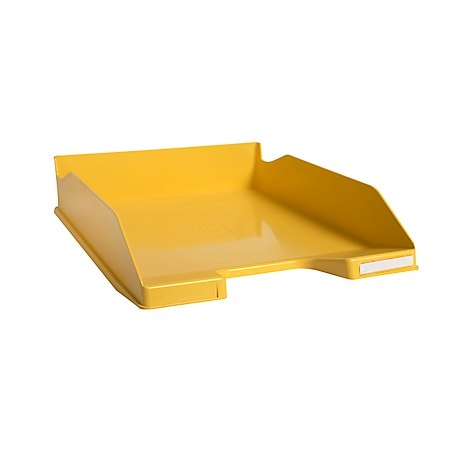 Bac de bureau jaune avec des côtés surélevés et de l'espace pour les documents papier. Il y a une étiquette blanche sur le côté droit.