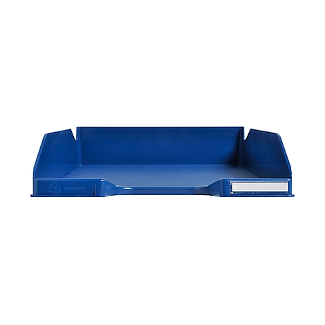 Bac bleu de bureau. Rectangulaire, côtés surélevés, encoche pour saisir, logo de l'entreprise.