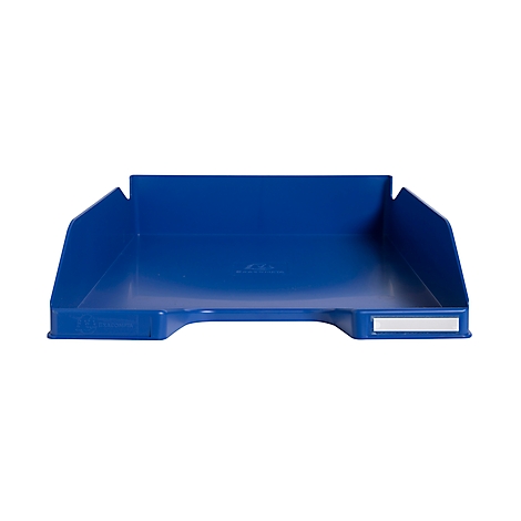 Plateau à papier rectangulaire bleu. Avec une étiquette blanche et un petit trou pour le doigt.