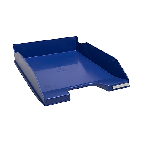 Bac à documents en plastique bleu. Il est rectangulaire avec des côtés surélevés et une découpe sur le devant.