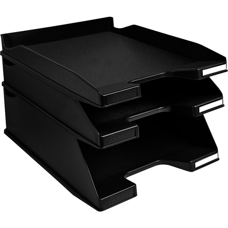 Plateau de documents noir à trois niveaux. Chaque plateau est découpé pour un accès facile.