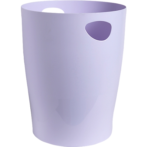 Une corbeille à papier violet clair avec des ouvertures pour les poignées.