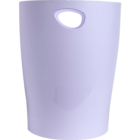 Poubelle cylindrique lilas clair avec trou de poignée.