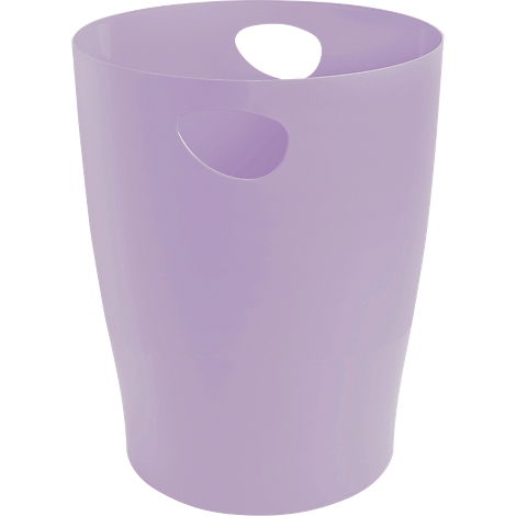 Poubelle lilas avec poignées. Cylindrique, en plastique.