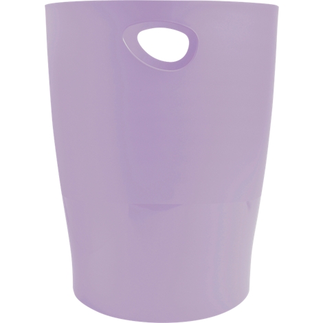 Poubelle violette avec trou de poignée. Le conteneur a une forme ovale et est en plastique.