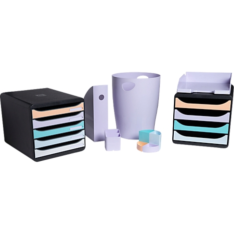 Accessoires de bureau : boîte empilable, porte-revues, poubelle, porte-stylos. Couleurs : noir, lilas, turquoise et orange.
