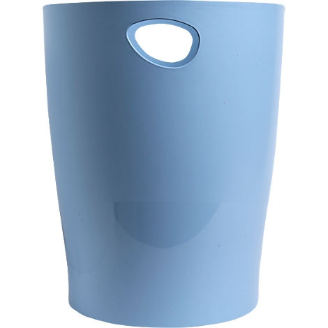 Poubelle cylindrique bleu clair avec trou de poignée ovale.