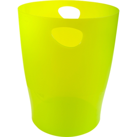 Poubelle jaune, de forme cylindrique, avec deux poignées. Elle se trouve devant un fond blanc.