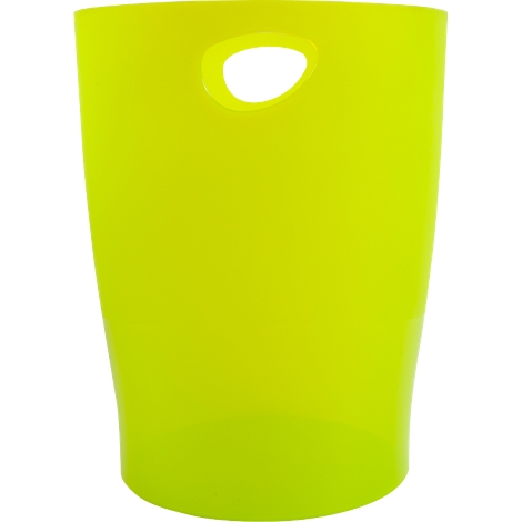 Poubelle jaune et cylindrique avec trou de poignée.