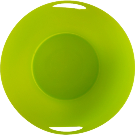 Sous-verre rond en silicone vert avec deux poignées, un renfoncement au centre.
