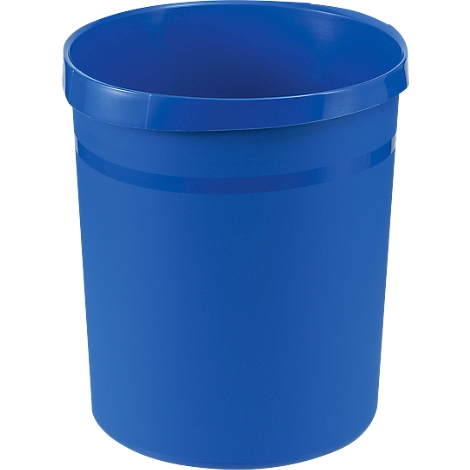 Poubelle cylindrique bleue, avec un bord surélevé et une ligne circonférentielle.