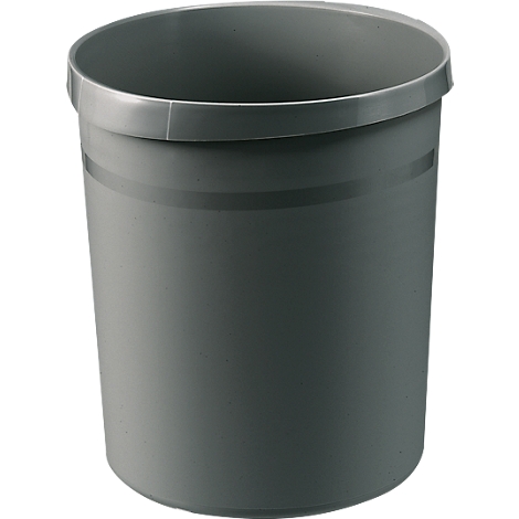 Poubelle cylindrique grise, sans contenu. En haut se trouve un bord étroit, légèrement saillant.