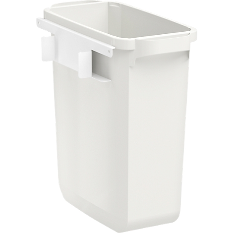 Poubelle rectangulaire blanche avec supports pour suspension.