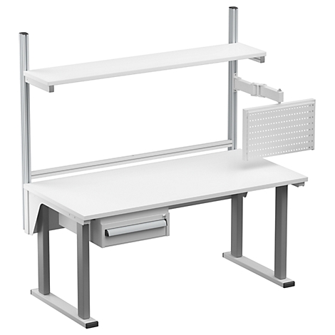 Table d'atelier ou de laboratoire blanche avec panneau perforé, étagère et tiroir, cadre gris.