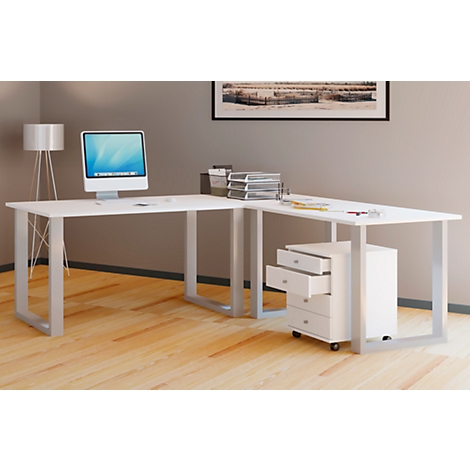 White corner desk with silver legs, computer, and drawer cabinet.