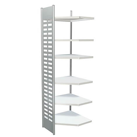 Corner shelf with five white, hexagonal shelves, supported by a silver, perforated column.