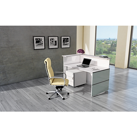 Modern reception desk with laptop, chair, and art on the wall.