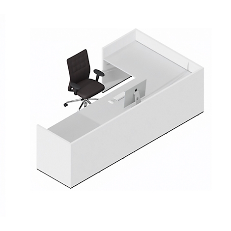 White reception desk with black office chair and computer. Clean lines and minimalist design.