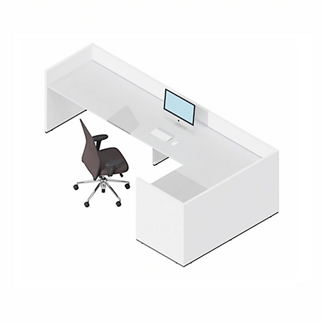 A white desk with a brown office chair and computer monitor.