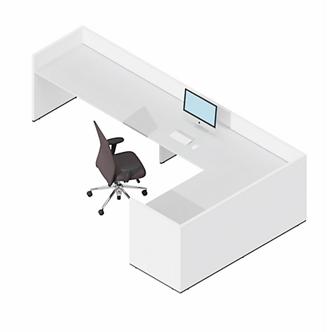 Office with white desk, chair, and monitor. Isometric view.