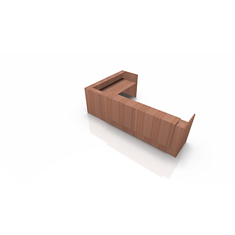 Wooden lectern in an L-shape, on a white background. The grain of the wood is clearly visible.