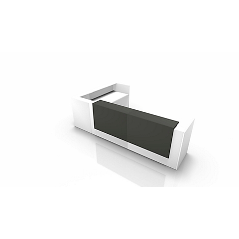 White, modern reception desk with gray front, isolated on white background.