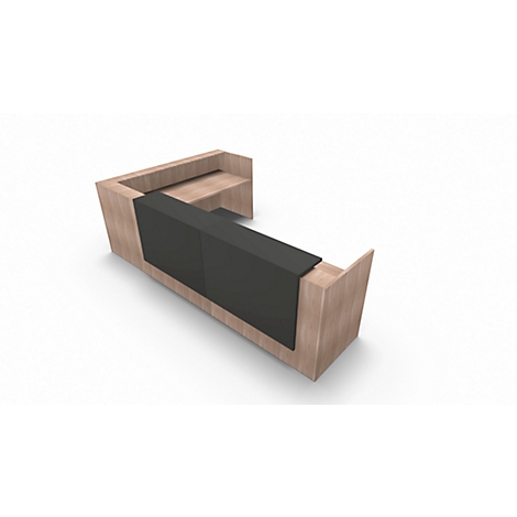 Wood-look desk with a black work surface. The desk has an L-shape and stands on a white surface.