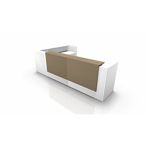 White reception desk with brown front, shown in perspective against a white background.