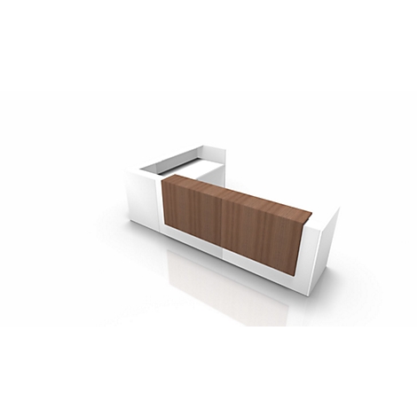 White reception desk with wood paneling. Perspective view, reflecting on a white surface.