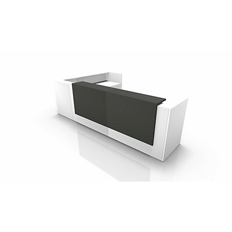 Modern white reception desk with grey front against a white background.