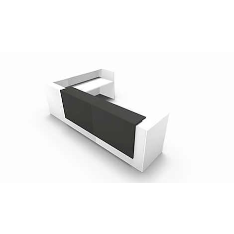 Three-quarter view of a white reception desk with a black top against a white background.