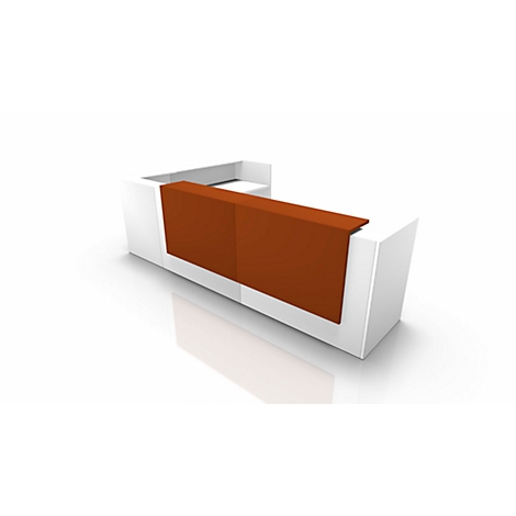 White reception desk with a brown front. View from a slightly elevated perspective.