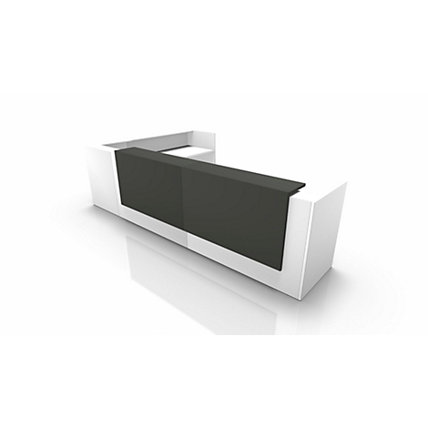 White reception desk with black front on a white background.
