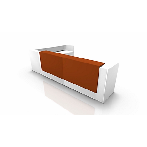 Modern reception desk, white with brown front.
