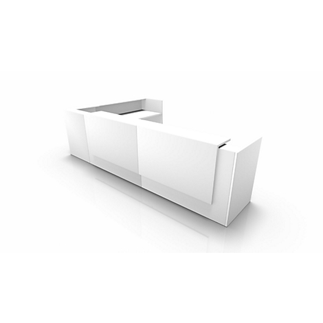 A rendering of a white reception desk with sharp edges against a white background.