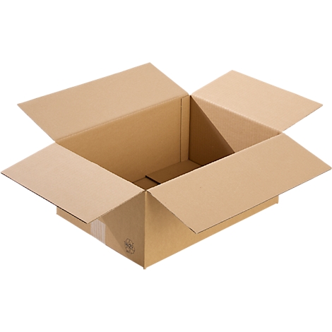 Open, brown cardboard box, top view.